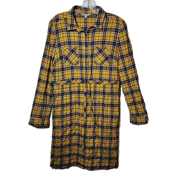 J. Peterman Plaid Shirt Dress Yellow Black Flannel Tie Waist Medium Long Sleeve - Picture 6 of 7